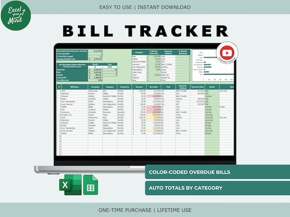 Bill & Payment Tracker Spreadsheet: Monthly Due Dates, Status Colors Reports (Excel, Google Sheets)