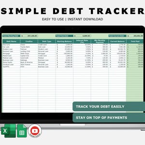 Plantilla de Excel para el seguimiento de deudas: Planificador de presupuesto para préstamos y tarjetas de crédito / Actualización manual de saldos / Registro de pagos mensuales