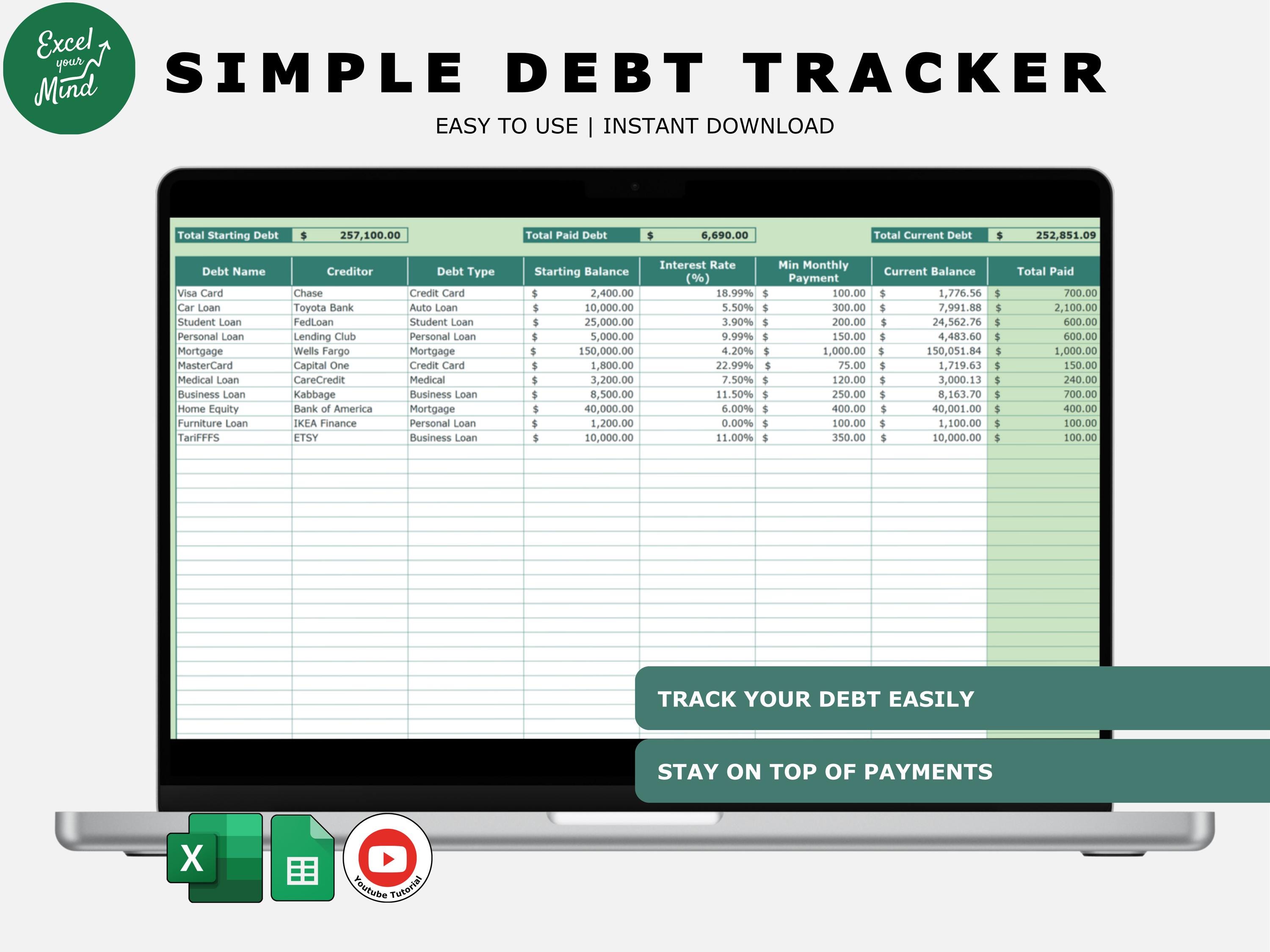 Simple Debt Tracker Excel Template – Budget Planner for Loans & Credit Cards | Manual Balance Update | Monthly Payment Log Sheet
