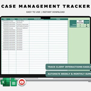 Może przedstawiać: Ekran laptopa wyświetlający arkusz kalkulacyjny z tytułem "CASE MANAGEMENT TRACKER". Arkusz kalkulacyjny jest podzielony na kolumny dla daty, aktywności, omawianych obszarów, skierowań, notatek i tabelę podsumowującą za grudzień 2025 r. Arkusz kalkulacyjny został zaprojektowany do śledzenia interakcji z klientami i automatyzacji cotygodniowych i miesięcznych podsumowań.