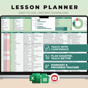 Puede incluir: Un portátil que muestra una plantilla de planificador de lecciones con el texto "LESSON PLANNER" y "EASY TO USE | INSTANT DOWNLOAD". La pantalla muestra una hoja de cálculo con asignaturas, tipos de lecciones y objetivos. Las pancartas verdes dicen "TEACH WITH CONFIDENCE", "PLAN SMARTER, TEACH BETTER" y "SUMMARY & PROGRESS TRACKER".