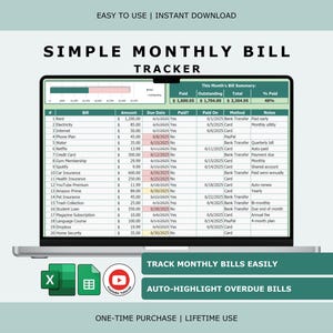Op de afbeelding: Een digitaal Simple Monthly Bill Tracker spreadsheet weergegeven op een laptopscherm. De interface bevat kolommen voor factuurnamen, bedragen, vervaldata, betalingsstatus en notities, met een samenvattingstabel bovenaan met betaalde en openstaande totalen.
