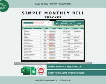 以下が含まれることがあります： ノートパソコンの画面に表示されたデジタル形式のSimple Monthly Bill Trackerスプレッドシート。インターフェースには、請求書名、金額、期日、支払い状況、メモの列があり、上部には支払い済みおよび未払いの合計を示す集計表が表示されています。