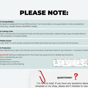 May include: A digital document with instructions and notes, including "PLEASE NOTE:" in large black text. The document provides guidance on Excel compatibility, avoiding cell cutting, fixing display issues, and sheet protection. A red paperclip and the word "QUESTIONS?" are also visible.