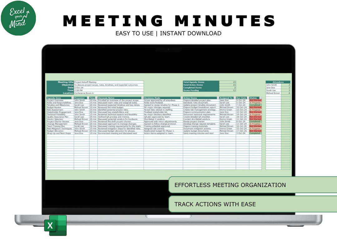 Meeting Minutes Template for Excel | Track Agendas, Action Items ...
