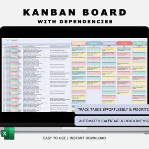 Kanban Board with Dependencies Excel Template • Monthly Yearly Automated Calendar • Project Management Tracker • Deadline Priority Filtering
