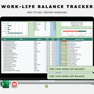 Op de afbeelding: Een laptopscherm dat een groene en witte spreadsheet toont met de titel "Work-Life Balance Tracker". De spreadsheet bevat kolommen voor datum, wat, categorie, starttijd, eindtijd, bestede uren, gevoel en reflectie/notities. De spreadsheet is ontworpen om gebruikers te helpen hun werk- en privéactiviteiten bij te houden.