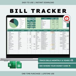 Könnte beinhalten: Ein Laptop-Bildschirm zeigt eine Tabelle mit dem Titel "BILL TRACKER". Die Tabelle zeigt Finanzdaten mit Diagrammen und Tabellen. Der Text enthält "TRACK BILLS MONTHLY & YEARLY" und "SEE WHERE YOUR MONEY GOES". Excel- und Tabellenkalkulationssymbole sind ebenfalls sichtbar.