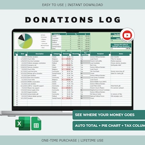 May include: A laptop screen shows a spreadsheet labelled "DONATIONS LOG." The spreadsheet features a pie chart and columns for date, description, category, and amount. Text on the screen reads "SEE WHERE YOUR MONEY GOES" and "AUTO TOTAL + PIE CHART + TAX COLUMN."