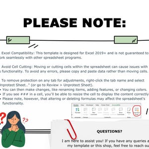 Op de afbeelding: Een digitaal document met de tekst "PLEASE NOTE:" en instructies voor het gebruik van een Excel-sjabloon. De afbeelding bevat een cartoon van een persoon met vraagtekens, een rode paperclip en een spreadsheet-interface.