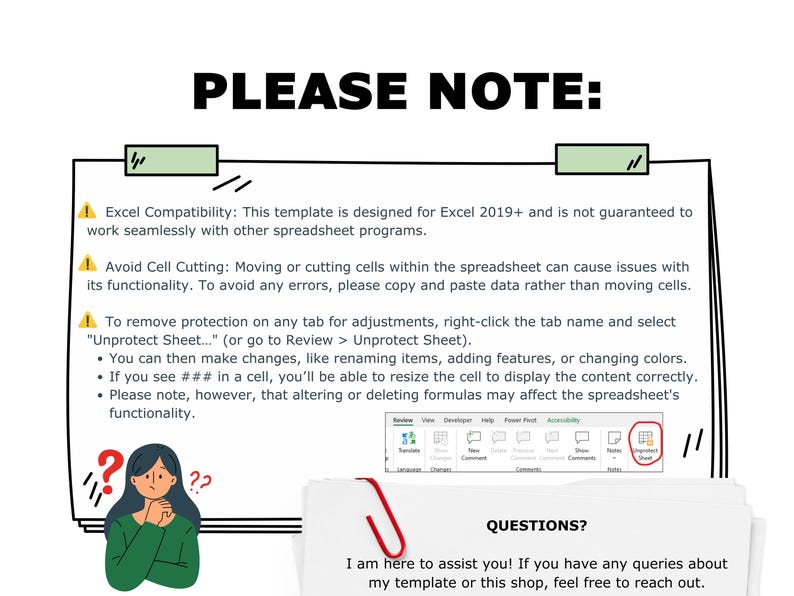 Op de afbeelding: Een digitaal document met de tekst "PLEASE NOTE:" en instructies voor het gebruik van een Excel-sjabloon. De afbeelding bevat een cartoon van een persoon met vraagtekens, een rode paperclip en een spreadsheet-interface.