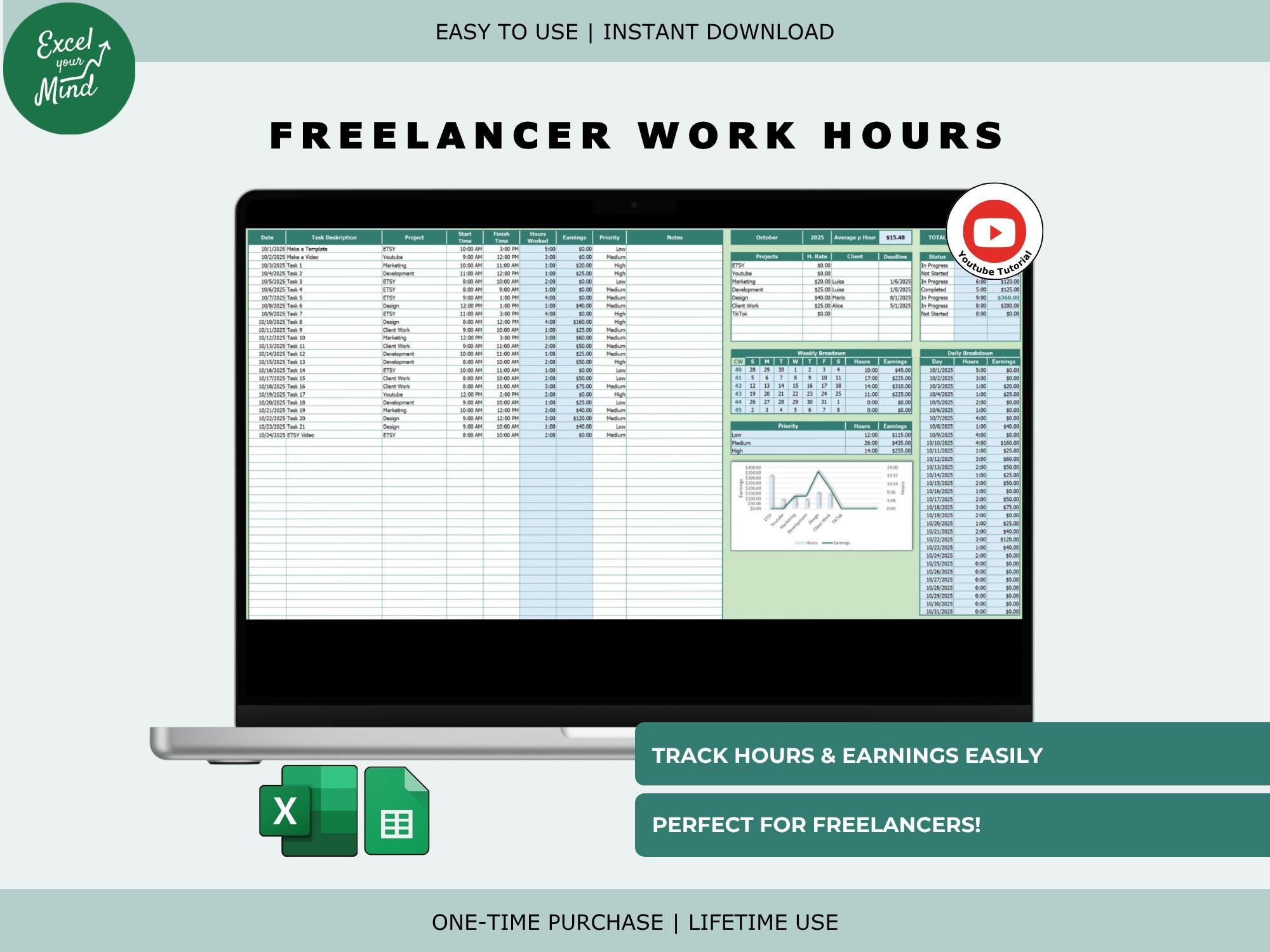 Freelancer Work Hours Tracker: Excel & Google Sheets Template