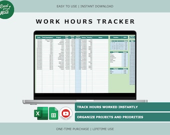 May include: A digital work hours tracker spreadsheet displayed on a laptop screen. The interface includes columns for date, task description, project, start time, finish time, hours worked, status, and priority, with summary tables for October 2024.