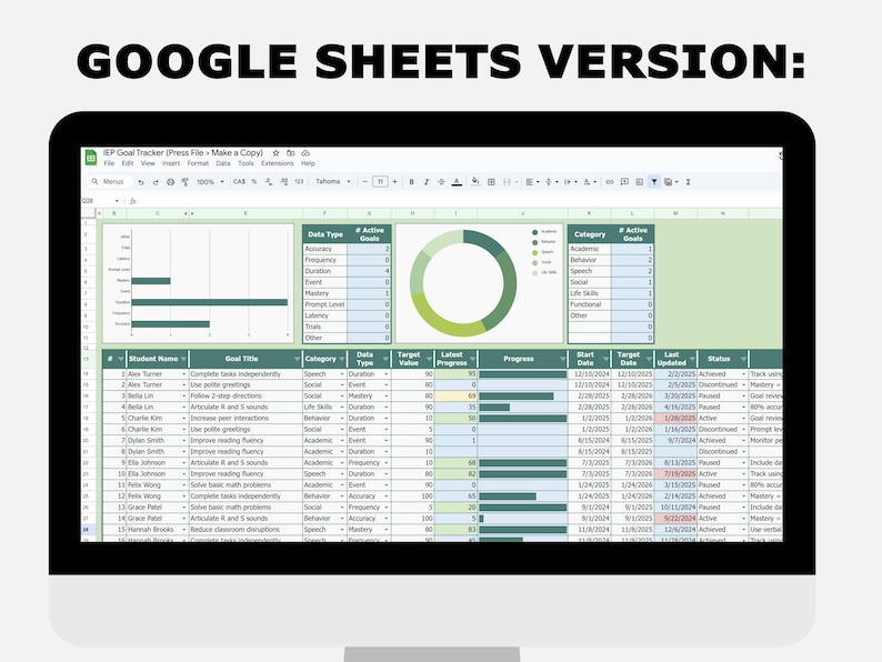 May include: A computer screen displaying a Google Sheets spreadsheet titled "IEP Goal Tracker." The spreadsheet includes data tables, charts, and the text "GOOGLE SHEETS VERSION:" at the top. The spreadsheet is on a white background.