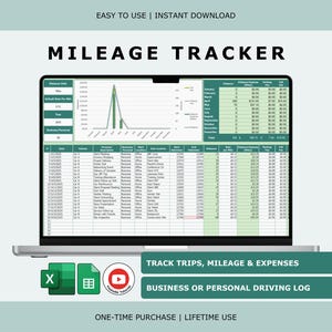 May include: A digital mileage tracker spreadsheet displayed on a laptop screen, featuring a data table for trips, dates, vehicle usage, and expenses. The interface includes a line graph, summary tables, and icons for Excel and Google Sheets software.