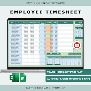 Employee Timesheet with Overtime | Clock In Out Tracker (Excel & Google Sheets)