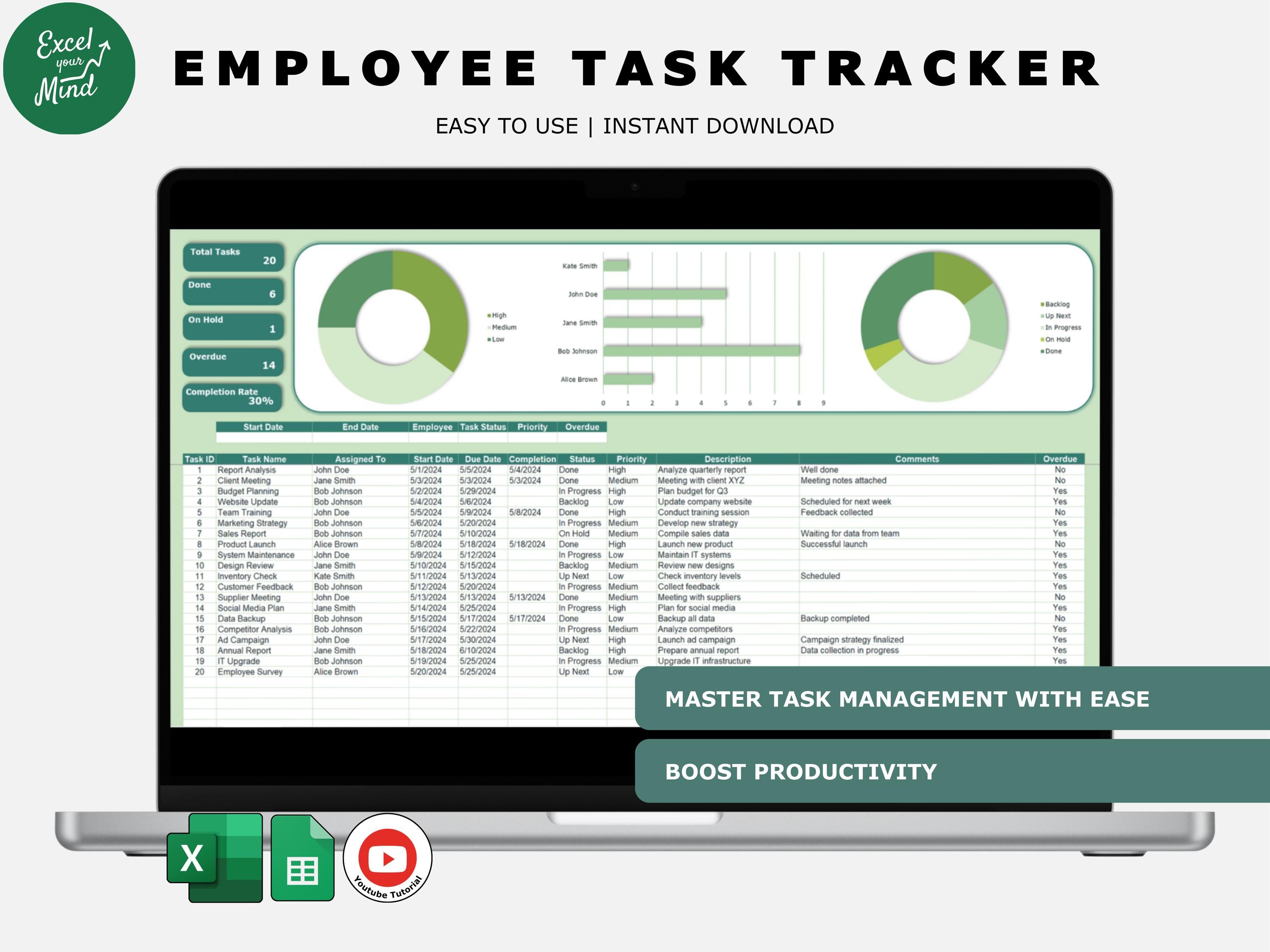 Employee Task Tracker Excel Template | Team Management | Project Management tool | Team to Do Organizer | status update for leader