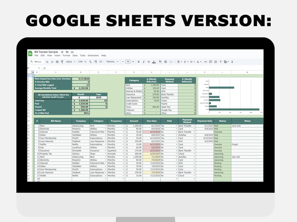 Financial Color Tracker Bill & Payment Tracker Spreadsheet: Monthly Due Dates, Status Colors ...