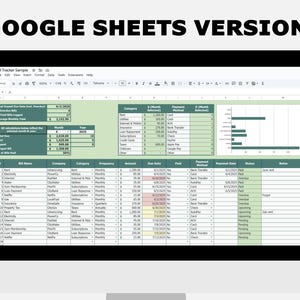 May include: A computer monitor shows a Google Sheets spreadsheet labelled "Bill Tracker Sample." The spreadsheet is organised with columns for bill names, companies, categories, due dates, and payment information. The text "GOOGLE SHEETS VERSION:" is at the top.