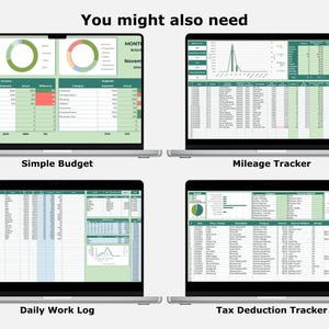 May include: Four laptops showing spreadsheet templates for financial management. The screens display data in green and white, including budget, mileage, daily work log, and tax deduction trackers. Text at the top reads "You might also need".