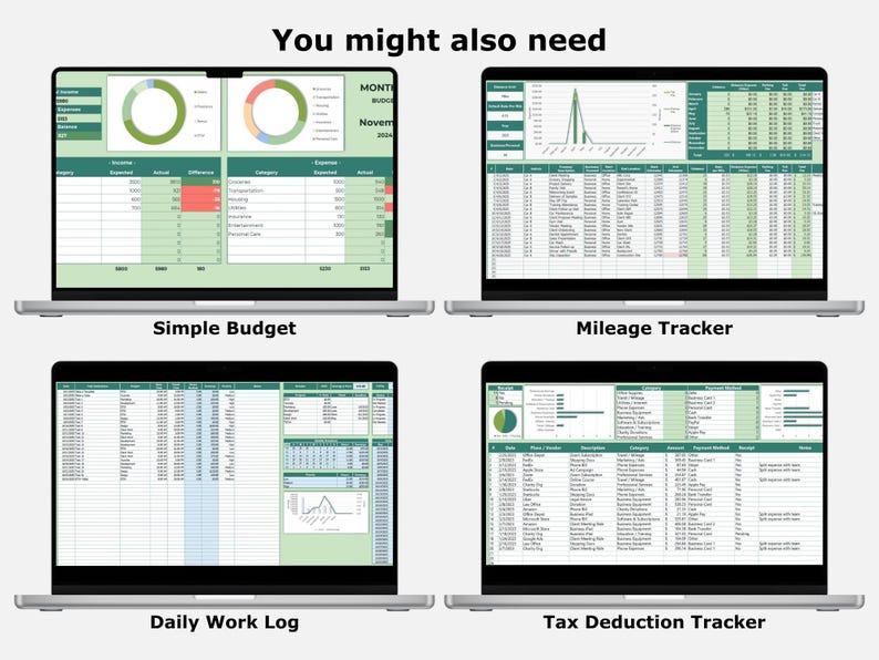 May include: Four laptops showing spreadsheet templates for financial management. The screens display data in green and white, including budget, mileage, daily work log, and tax deduction trackers. Text at the top reads "You might also need".