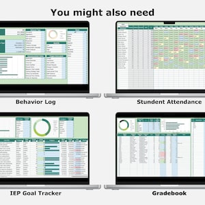 Op de afbeelding: Vier laptops met spreadsheets met datavisualisaties. De schermen tonen "Behavior Log", "Student Attendance", "IEP Goal Tracker" en "Gradebook". De tekst "You might also need" staat bovenaan.