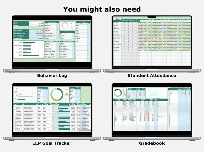 Op de afbeelding: Vier laptops met spreadsheets met datavisualisaties. De schermen tonen "Behavior Log", "Student Attendance", "IEP Goal Tracker" en "Gradebook". De tekst "You might also need" staat bovenaan.