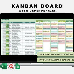Kanban Board with Dependencies Excel Template • Monthly Yearly Automated Calendar • Project Management Tracker • Deadline Priority Filtering