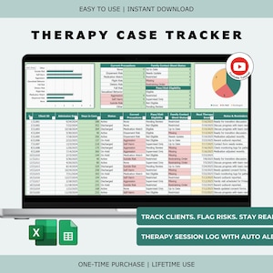 Może przedstawiać: Laptop wyświetla arkusz kalkulacyjny "Therapy Case Tracker" z wykresami i ikoną samouczka YouTube. Ekran pokazuje dane klientów, środki ostrożności i informacje kontaktowe rodziny. Tekst zawiera "Track Clients. Flag Risks. Stay Ready."