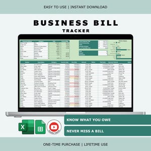 Könnte beinhalten: Ein Laptop zeigt eine Tabelle mit dem Titel "BUSINESS BILL TRACKER". Der Bildschirm zeigt eine detaillierte Tabelle mit Spalten für Lieferanten, Beschreibungen und Beträge. Der Text auf dem Bildschirm lautet "KNOW WHAT YOU OWE" und "NEVER MISS A BILL."
