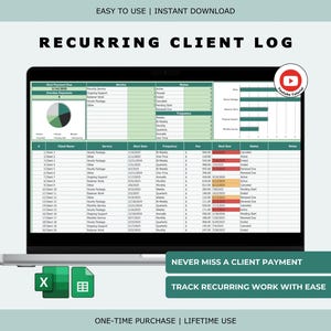 以下が含まれることがあります： 「Recurring Client Log」というタイトルのスプレッドシートが表示されたラップトップ。画面にはデータ表、グラフ、テキスト「Never Miss a Client Payment」と「Track Recurring Work With Ease」が表示されています。画像には「Easy to Use | Instant Download」と「One-Time Purchase | Lifetime Use」の文字も含まれています。