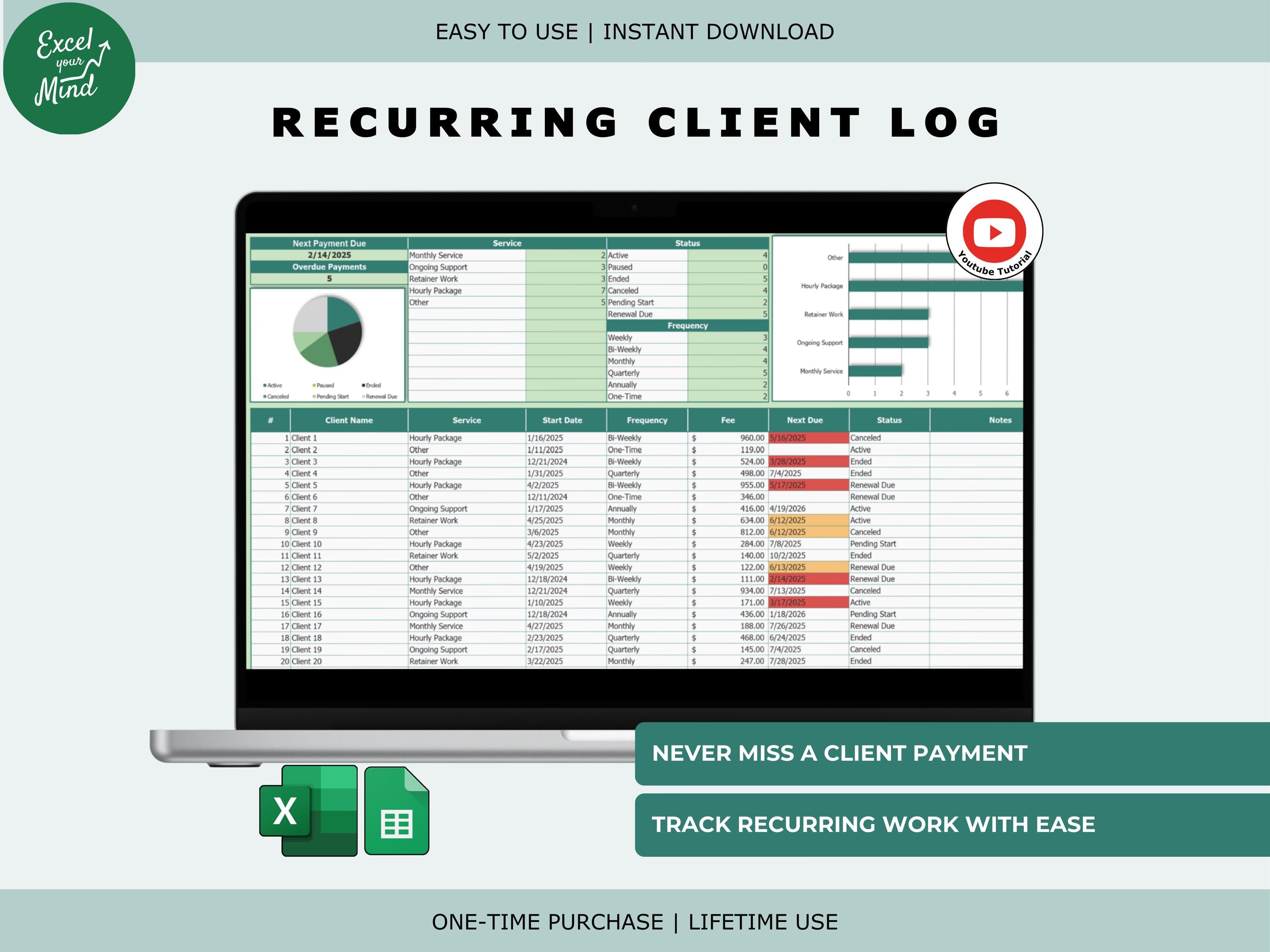 Client Card Or Chart Client Payment Tracker Spreadsheet: Color-coded Overdue, Charts (excel ...