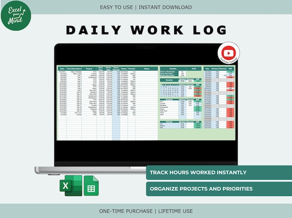 Daily Work Log with Auto Hour Calculation Excel