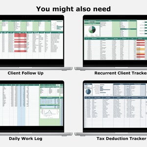 Op de afbeelding: Vier laptops met spreadsheets. De schermen tonen gegevens georganiseerd in rijen en kolommen, met sommige cellen gemarkeerd in groen en rood. Bovenin staat de tekst "You might also need". De onderkant van elk scherm toont de titel van de spreadsheet: "Client Follow Up", "Recurrent Client Tracker", "Daily Work Log" en "Tax Deduction Tracker".