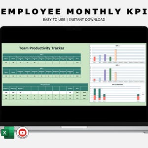 Peut inclure: Un écran d'ordinateur portable affichant une feuille de calcul intitulée "Team Productivity Tracker". La feuille de calcul comporte des colonnes pour différents employés et succursales, et des lignes pour différents KPI. La feuille de calcul est verte et blanche. L'ordinateur portable est sur une surface blanche.