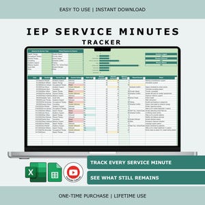Op de afbeelding: Een digitaal IEP Service Minutes Tracker-spreadsheet weergegeven op een laptopscherm. De interface bevat een gegevenstabel met kolommen voor datum, student, servicetype, status en minuten, naast een staafdiagram en tekstlabels.