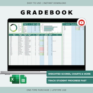 May include: A laptop displays a digital gradebook with charts and student data. The screen shows the word "GRADEBOOK" in large, bold letters. Additional text includes "EASY TO USE | INSTANT DOWNLOAD" and "WEIGHTED SCORES, CHARTS & MORE".