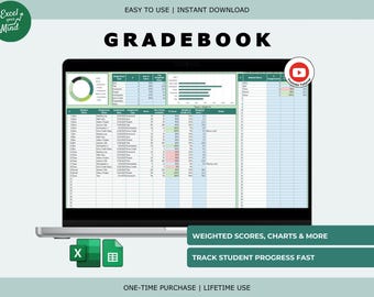 Op de afbeelding: Een laptop toont een digitaal cijferboek met grafieken en leerlinggegevens. Het woord "GRADEBOOK" wordt in grote, vette letters weergegeven. Extra tekst bevat "EASY TO USE | INSTANT DOWNLOAD" en "WEIGHTED SCORES, CHARTS & MORE".
