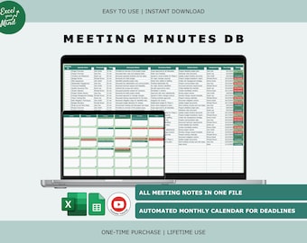 Meeting Management System: Agenda, Decisions, Due Dates, Monthly Calendar (Excel & Google Sheets)