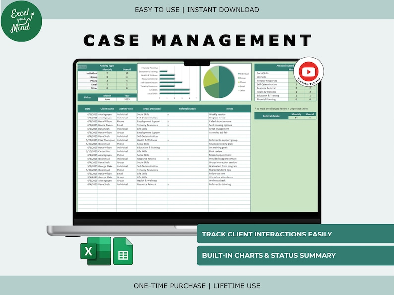 Op de afbeelding: Een laptop toont een spreadsheet met de titel "Case Management". Het scherm toont gegevenstabellen, grafieken en de tekst "Volg klantinteracties gemakkelijk" en "Ingebouwde grafieken & statusoverzicht". Excel- en Google Sheets-pictogrammen.
