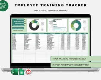 Employee Training Tracker Template for Excel, Training Progress Log & Hours Dashboard, Employee Development Spreadsheet