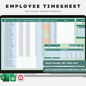 Modello Excel per il monitoraggio delle schede attività dei dipendenti / Registrazione ingressi e uscite, Calcolatore degli straordinari, Registro delle ore di lavoro, Foglio delle retribuzioni