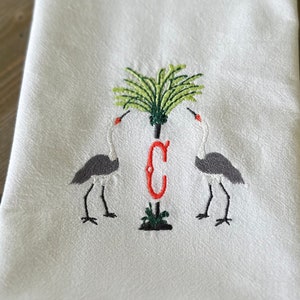 Personalized Crane and Palm Embroidered Kitchen Guest Tea Towel, Custom Embroidery Tropical Bird Birthday Housewarming Gift Idea