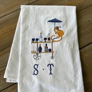 パーソナライズ可能なシノワズリモンキー傘バーカート刺繍キッチンバーゲストティータオル、カスタム刺繍エンターテイメントとギフトのアイデア