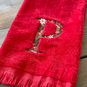 Floral Christmas Fringe Fingertip Guest Hand Towel with Initial Monogram, Holiday Entertaining Decor, Hostess gift - One (1) Towel