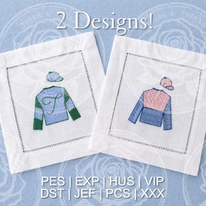 May include: Two white embroidered squares with jockey silks designs. One features a blue and green design, the other a pink and blue design. The text "2 Designs!" is at the top. The bottom has embroidery file format abbreviations.