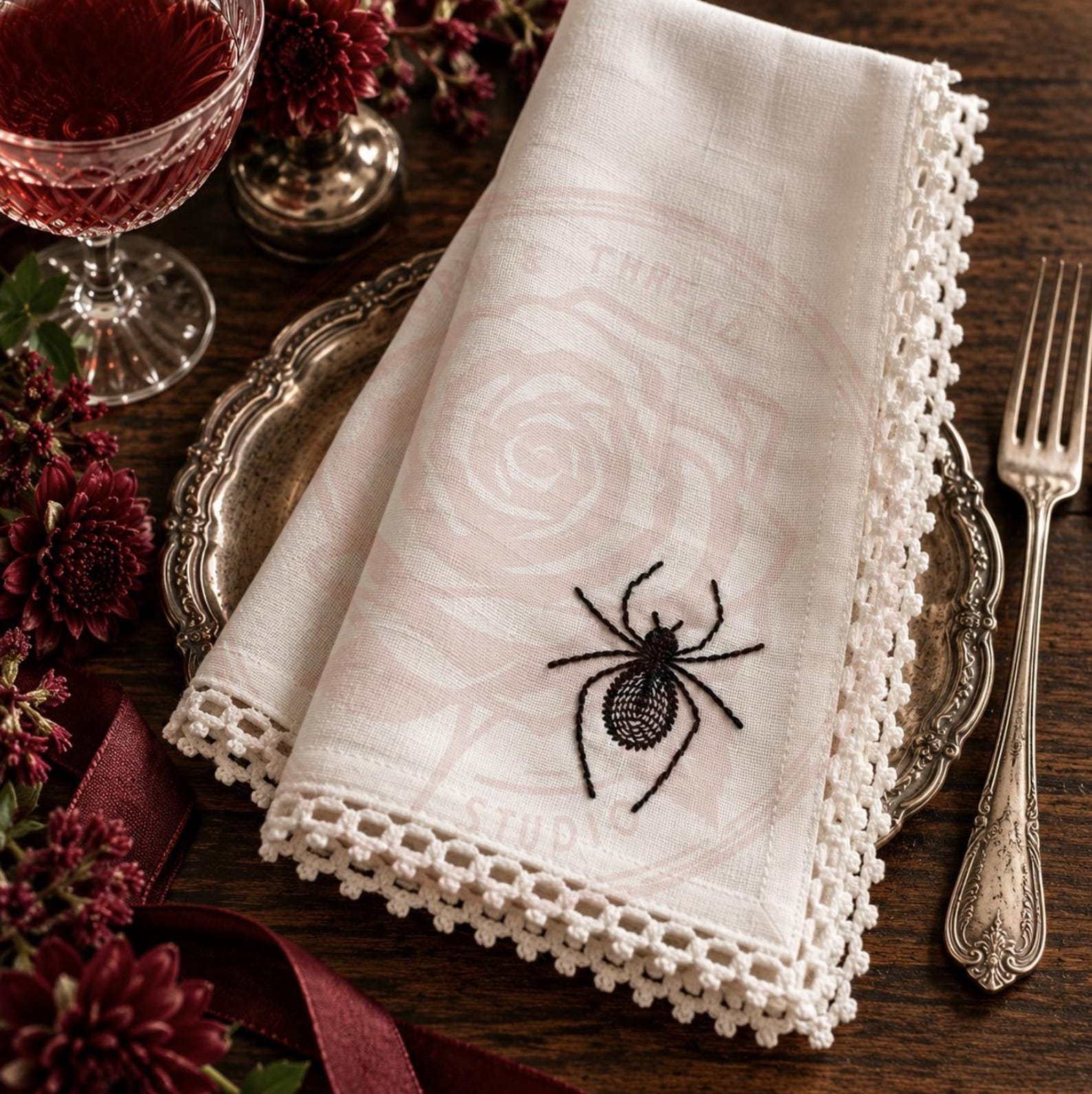 A Flat Fold that Shows the Lace Edge White linen napkin with a dark spider motif and delicate lace-style edging.