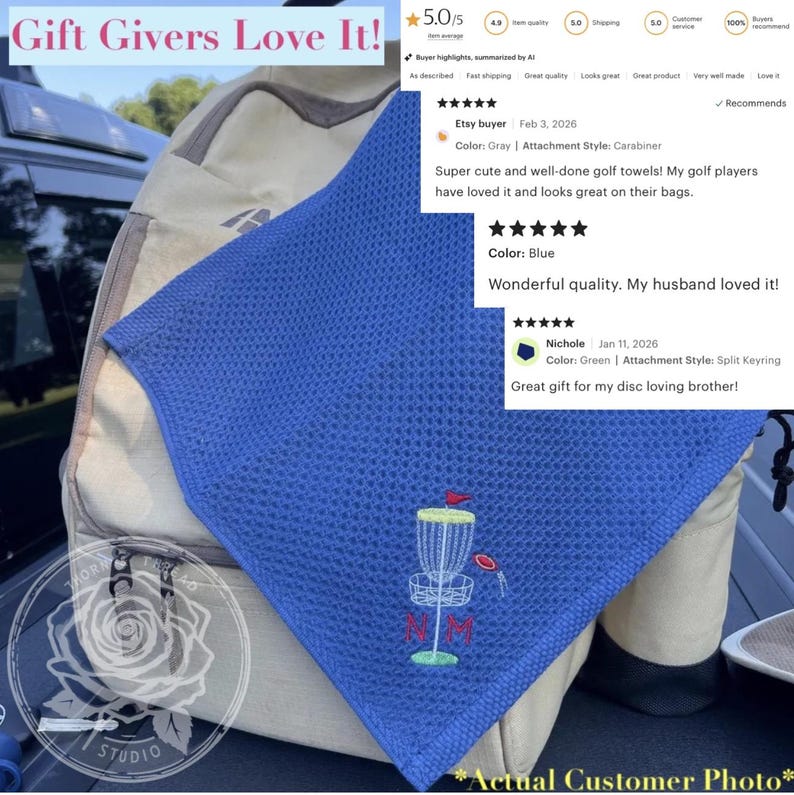 Personalized Disc Golf Towel w/Clip – Custom Embroidered Initials or Name – Disc Golf Gift – Frisbee Golf Accessory – Bag Towel + Carabiner image 3