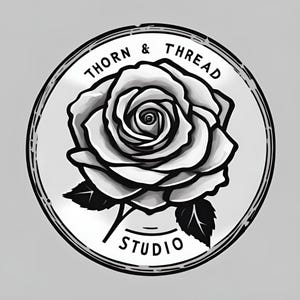 May include: Monochrome circular logo with a detailed rose illustration. The words "THORN & THREAD" are arched at the top, with "STUDIO" at the bottom, all within a circular border. The design is in black and white.