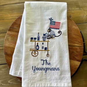 パーソナライズ可能なシノワズリモンキーアメリカ国旗バーカート刺繍キッチンバーゲストティータオル、カスタム刺繍の楽しいギフトアイデア